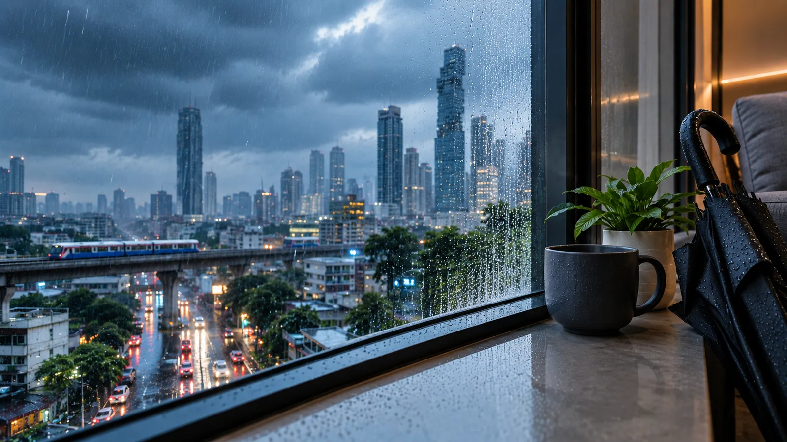 Heavy rain on a Bangkok condo window at dusk, the city skyline and a Skytrain line beyond, a mug and a wet umbrella on the sill