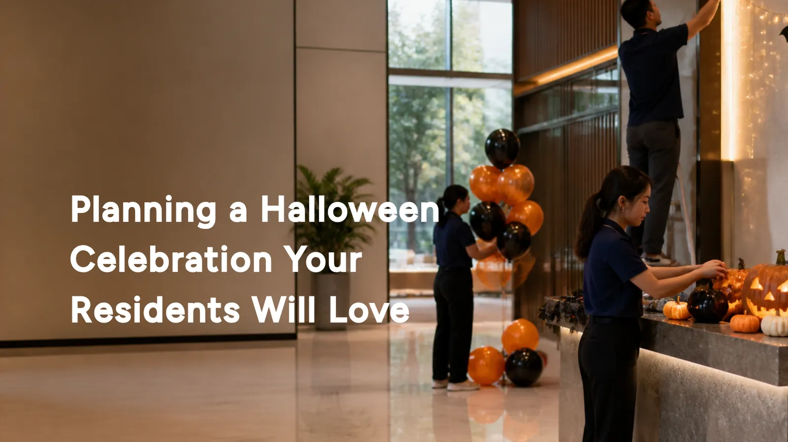 Property staff decorating a condo lobby with pumpkins and orange and black balloons before a Halloween event for residents